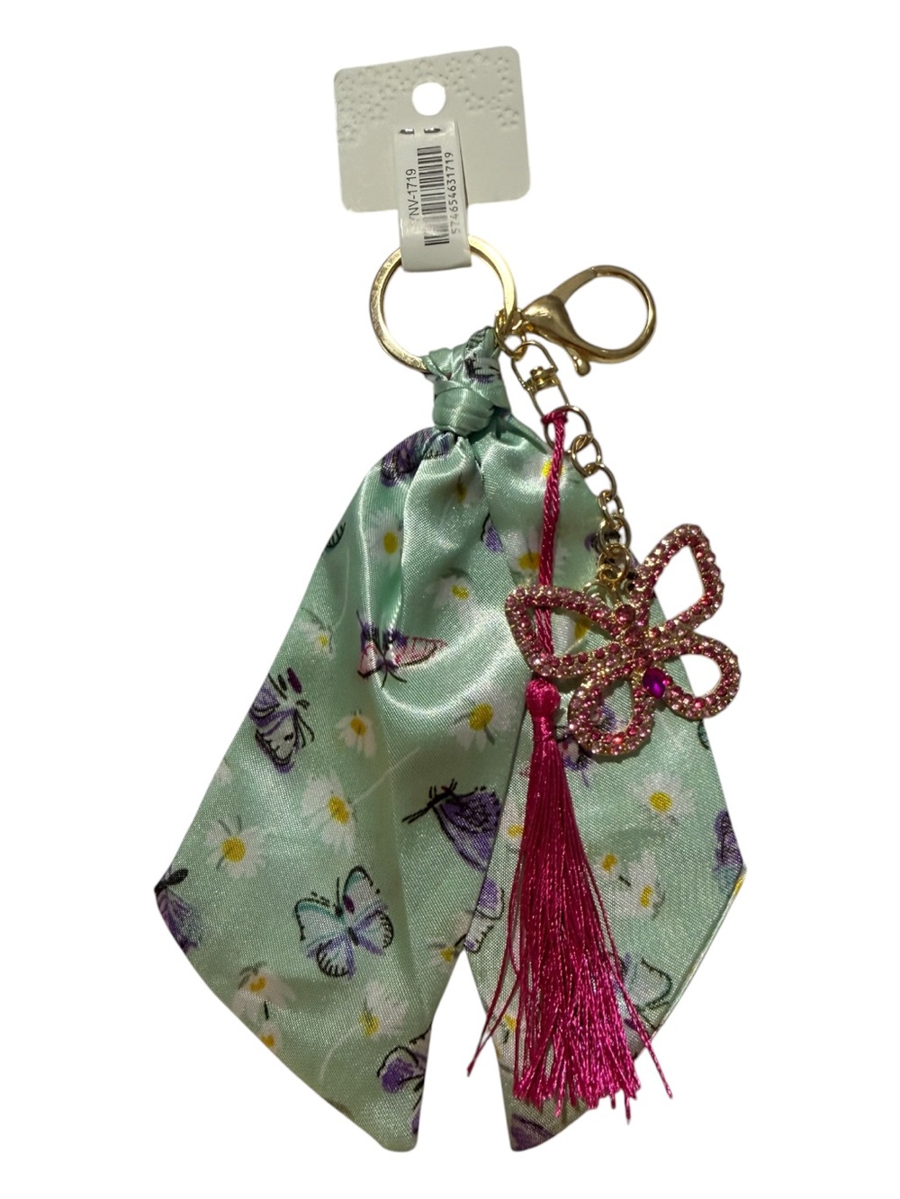 Silk-Feel Mint Butterfly Scarf Keychain with Pink Tassel